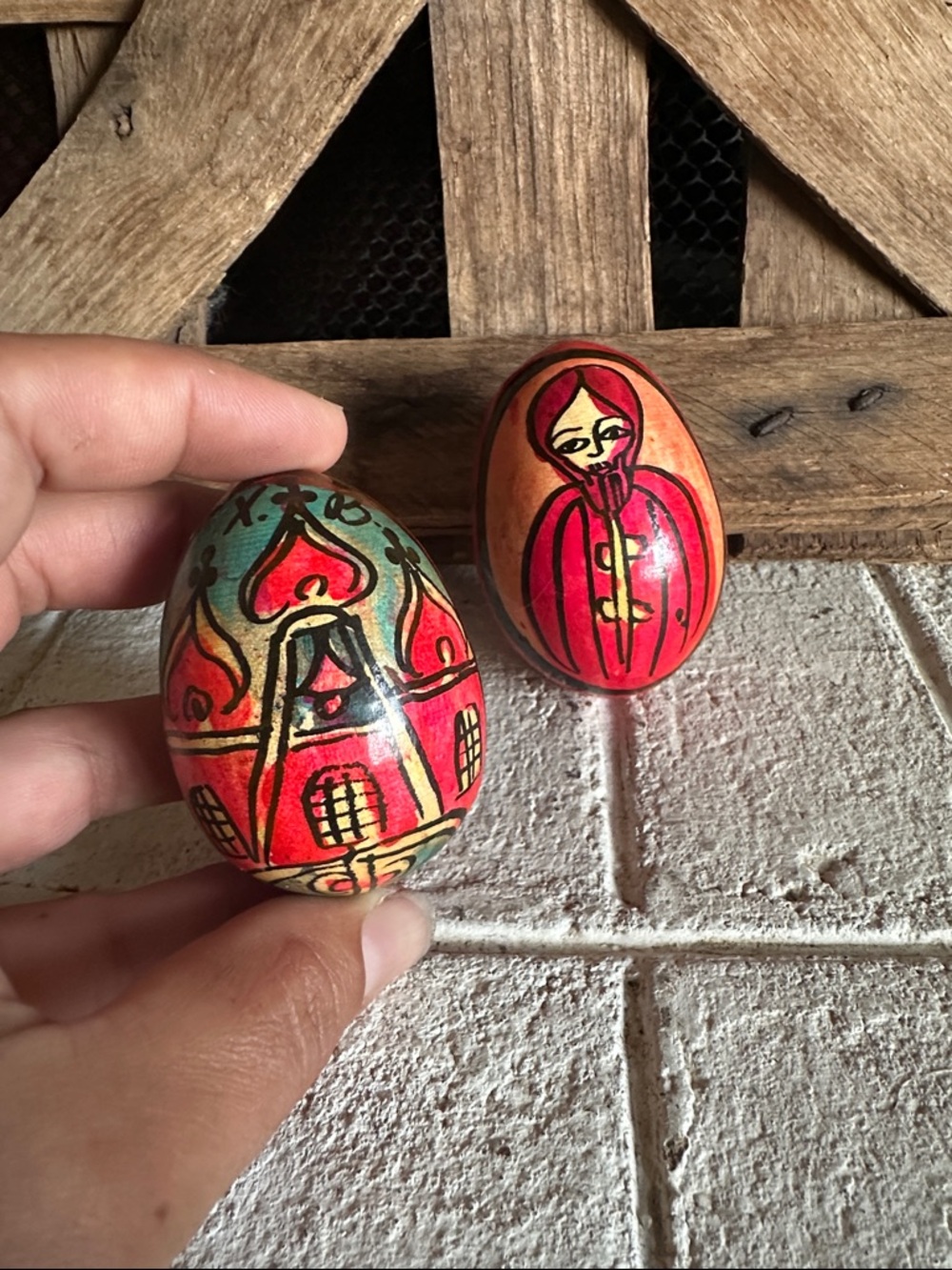 2 vintage Russian hand painted wood eggs XB Christ and church (50)